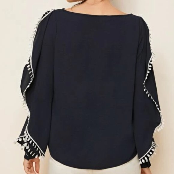 Black Lace Trim Long Sleeve Blouse in XS, M, L - Picture 2 of 4